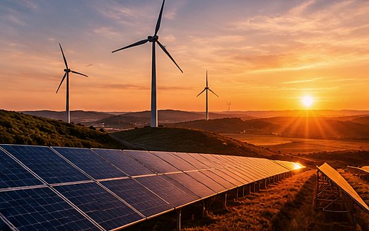 Wind turbines and solar panels at sunset