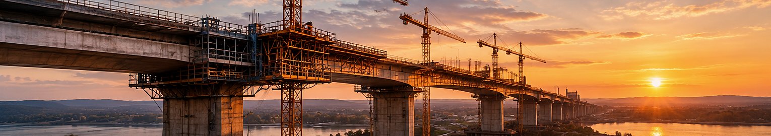 Bridge under construction with tower cranes at golden hour