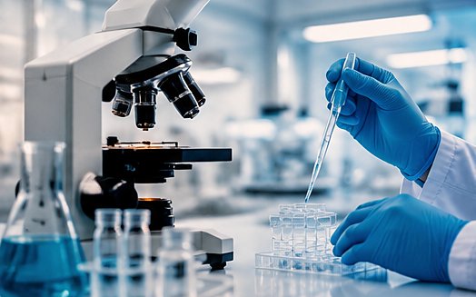 Gloved hands using a pipette beside a microscope in a laboratory