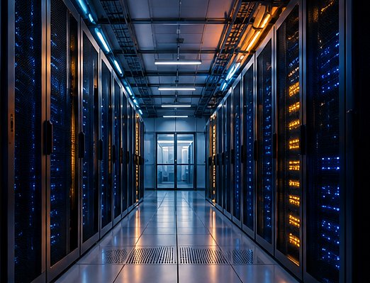 Aisle of server racks in a modern data centre